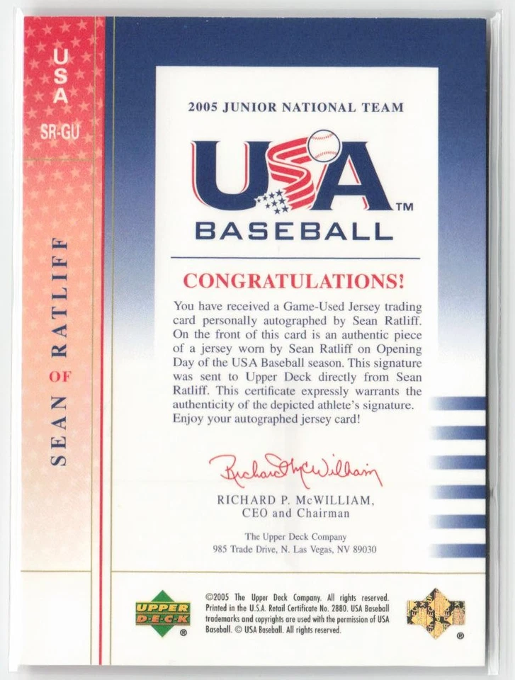 2005 Upper Deck USA Baseball SR-GU Sean Ratliff 2005 Auto Jerseys Blue Ink /360 - Image 2 of 2