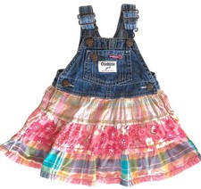Vintage OshKosh Girl Denim Overall Dress Pink Floral  Plaid Tiered Skirt 9M
