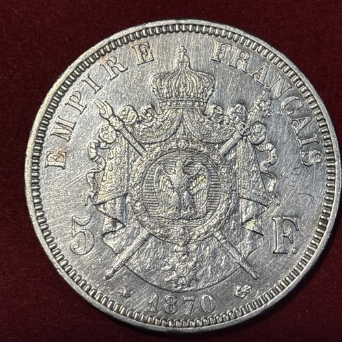 1870 5 Francs Napoleon III French Empire 0.900 Silver 25g Old France Coin - Picture 9 of 15