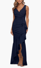 Betsey  Adam V-Neck Cascade Ruffle High-Low Gown Size 8 Navy