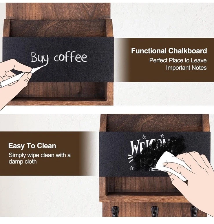 Key & Mail Holder for Wall, With Chalkboard, Storage Box, 3 Sturdy Hooks (Brown) - Image 4 of 4
