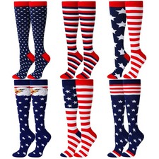 6 Pairs American Flag Socks for Women, Knee High USA Socks for 4th of July Pa...