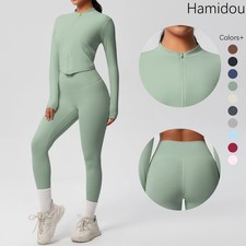 Women 2pcs Patchwork Sport Yoga Suit Slim Fit Long Sleeved Fitness Coat Stretch