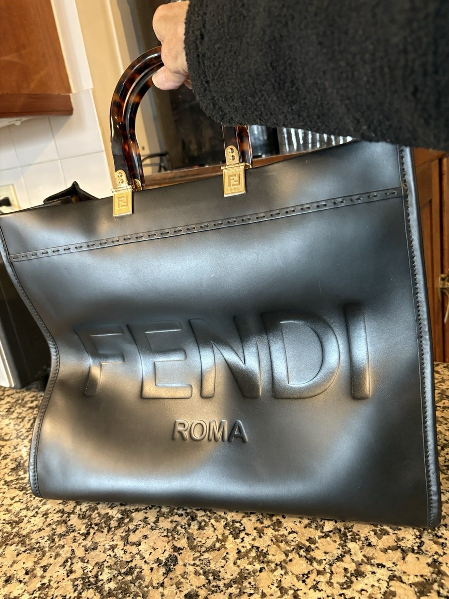 Fendi Sunshine Roma Black Tote Bag with Tortoiseshell Top Handles