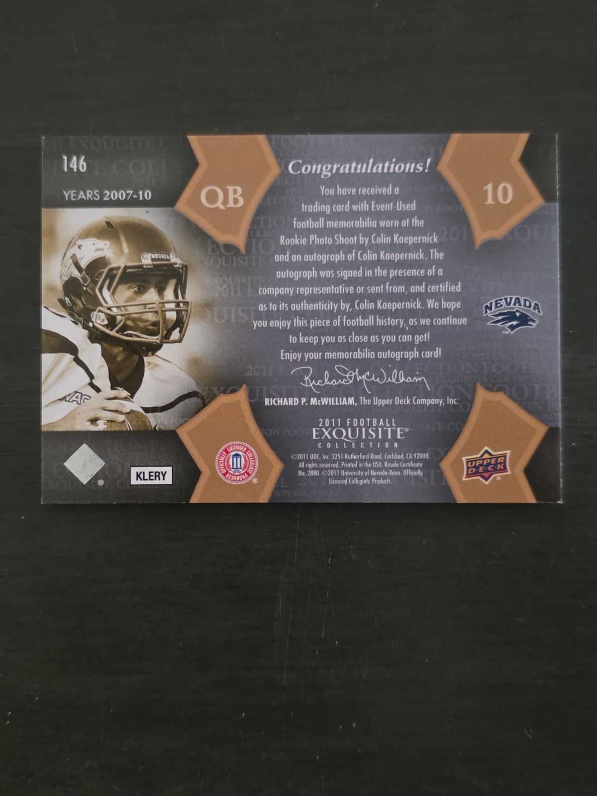 2011 UD Exquisite Collection-RC Auto Patch Colin Kaepernick #/135 (AU, MEM, RC) view 5