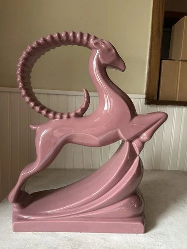 Royal Haeger Pottery Leaping Gazelle Mauve Pink MCM 19" Tall EUC Sculpture