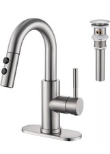 Bathroom Sink Faucet with Pull Down Sprayer, Brushed Nickel, Pop-Up Drain 3 hole