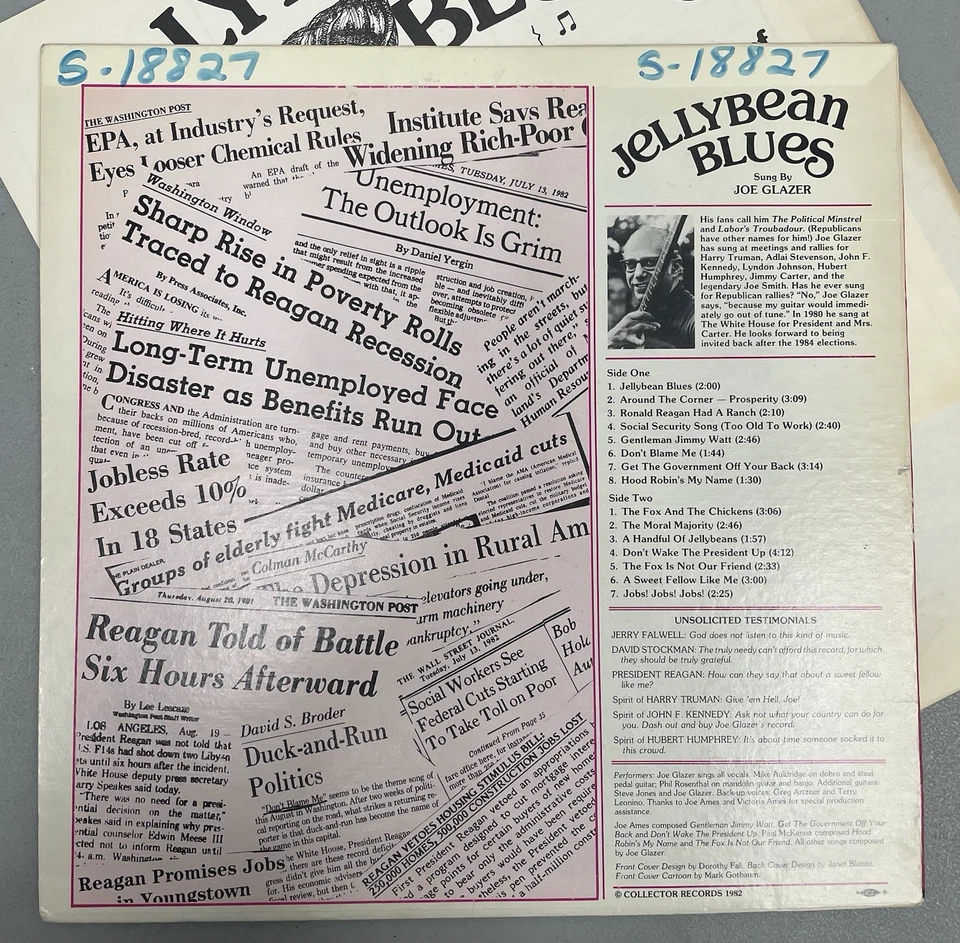 JELLYBEAN BLUES Vintage Vinyl Record By JOE GLAZER Songs Of REAGANOMICS Comedy - Image 2 of 4