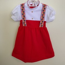 Vintage 1970's Toddler Embroidered Floral Red Dress 18 Month