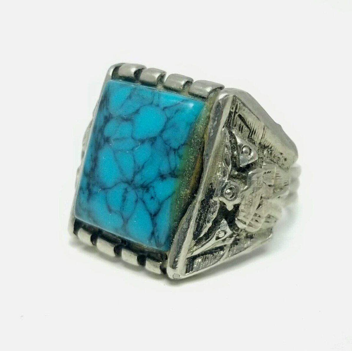 Vintage Rectangular Turquoise Color Signet RIng with Silver Tone