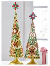 2-PK 19" PEARL & JEWELED TREES with GOLD GLITTER Metal Christmas NEW RAZ 4413518