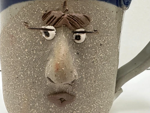 Funny Face Pottery Mug blue Whimsical signed by artisan