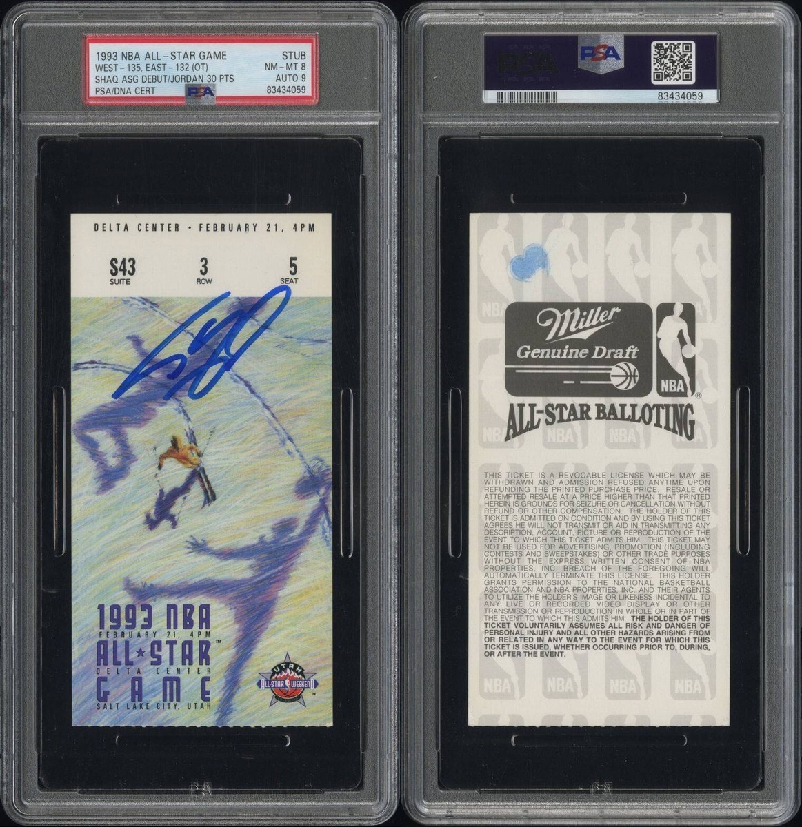 1993 NBA ALL-STAR GAME SHAQ O'NEAL DEBUT SIGNED TICKET JORDAN 30PT