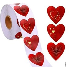 100 Valentine Red Heart Shape 1" with Gold Design-Stickers  3 Different