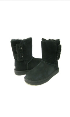 UGG BAILEY FLUFF BUCKLE BLACK SUEDE SHEEPSKIN SHORT WOMEN'S BOOTS