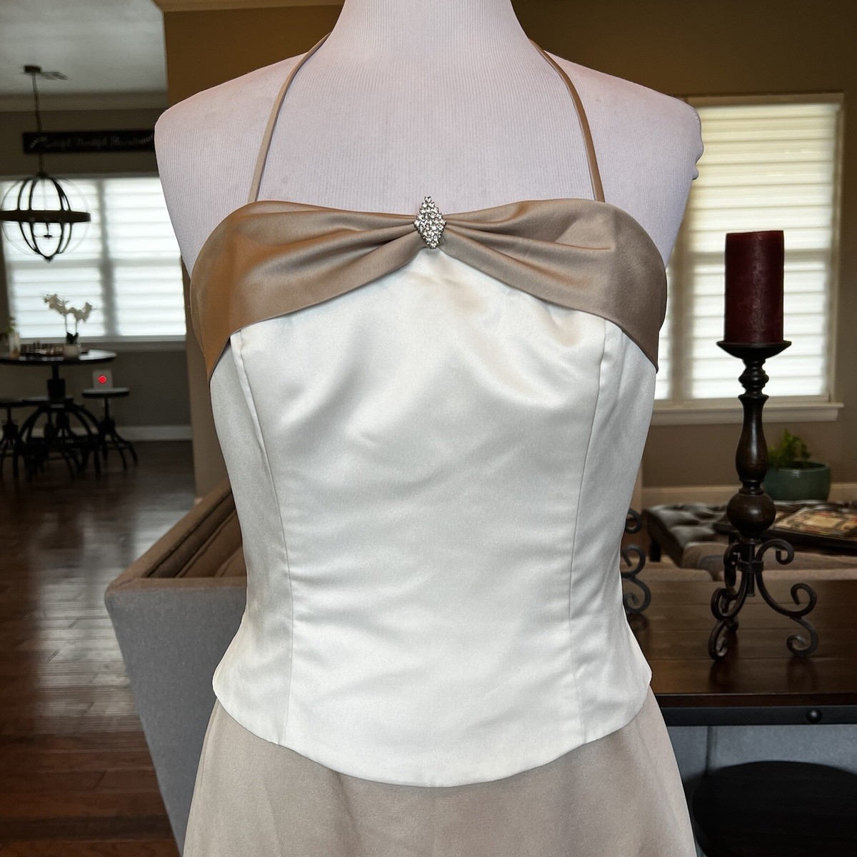 Alfred Angelo Bridesmaid Dress size 12 Halter Ivory Cafe Tan Beige Halter  Long