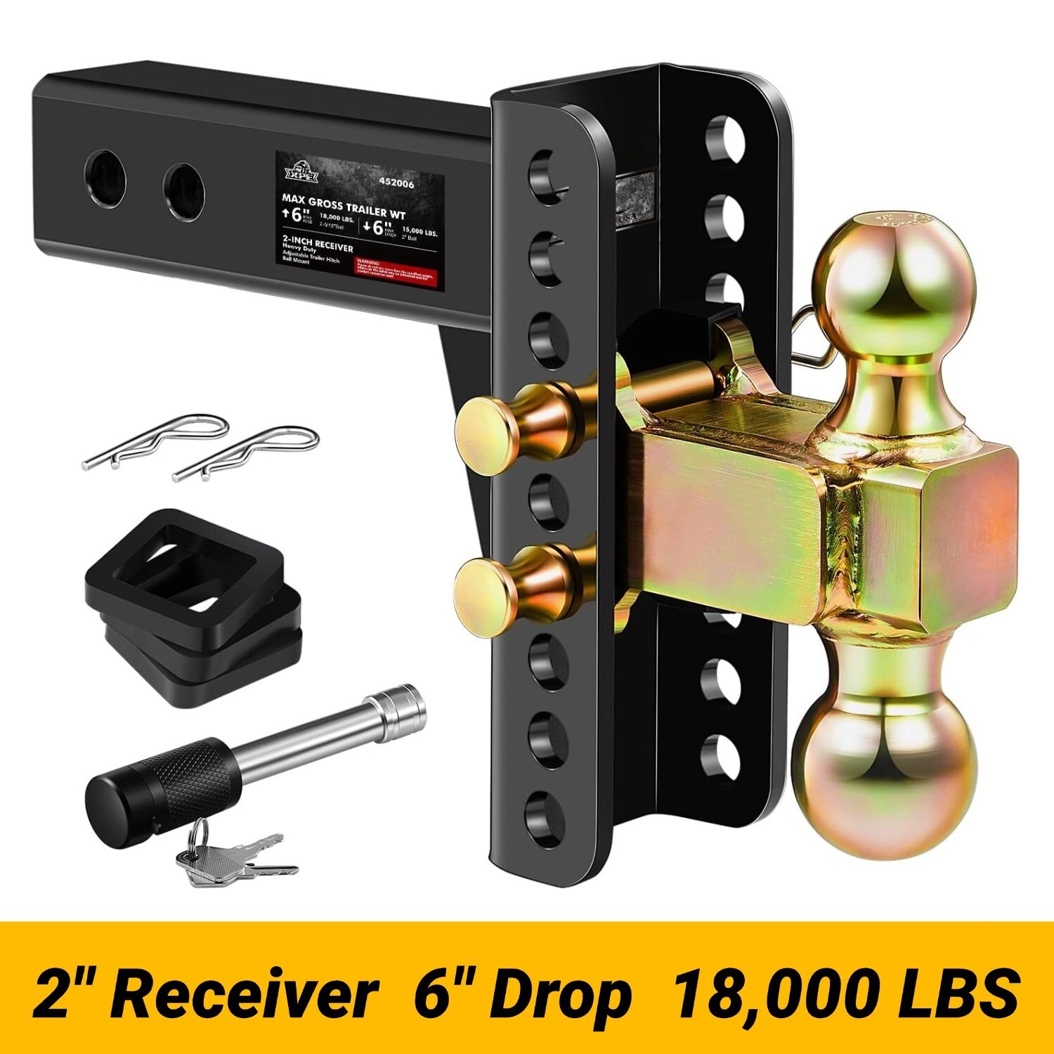 XPE Adjustable Trailer Hitch Ball Mount, 2-Inch Receiver, 6-Inch Drop ...
