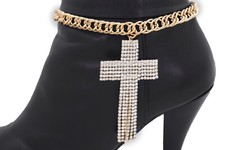 Women Gold Metal Chain Boot Bracelet Shoe Dangle Cutout Big Cross Charm Western