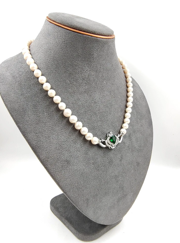 Genuino 8mm Natural Blanco Perla Akoya Collar Cuentas Gargantilla Esmeralda Foto 4 de 4