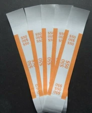 5 - Orange $50 Cash Money Self-Sealing Straps Currency Bands 