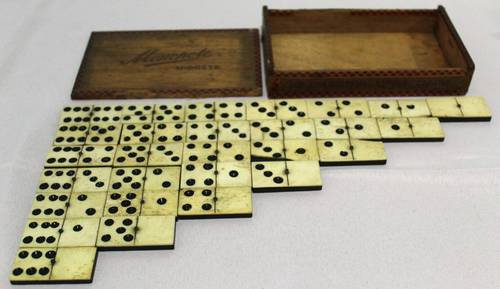 Ebony & Bone Brass Pinned Dominos 28 Wooden Box 1900's x2 Handmade Antique Sets - Picture 2 of 24