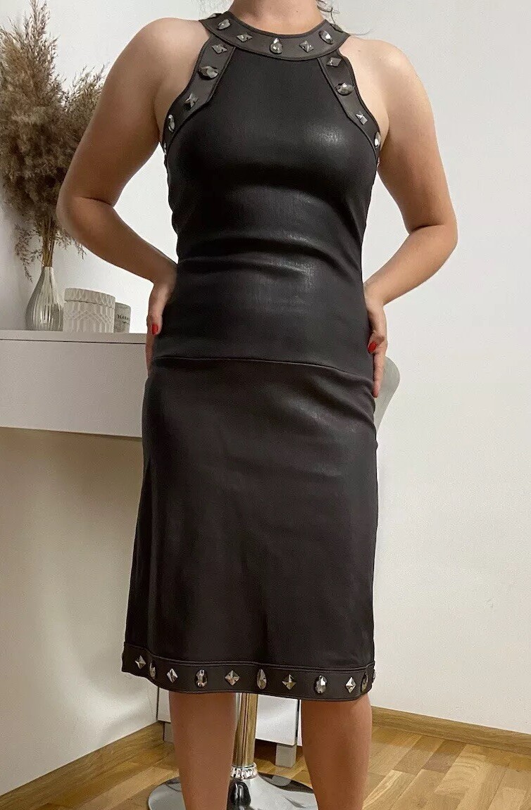 leather knee length dress JITROIS Bodycon Sleeveless Brown Sz 38 S 4 short leather dress
