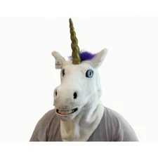 ADULT UNICORN HORSE ANIMAL MOUTH MOVING FURRY COSTUME OVER THE HEAD MASK W/ HORN