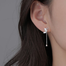 925 Sterling Silver Crystal Butterfly Drop Dangle Stud Hook Earrings Women 