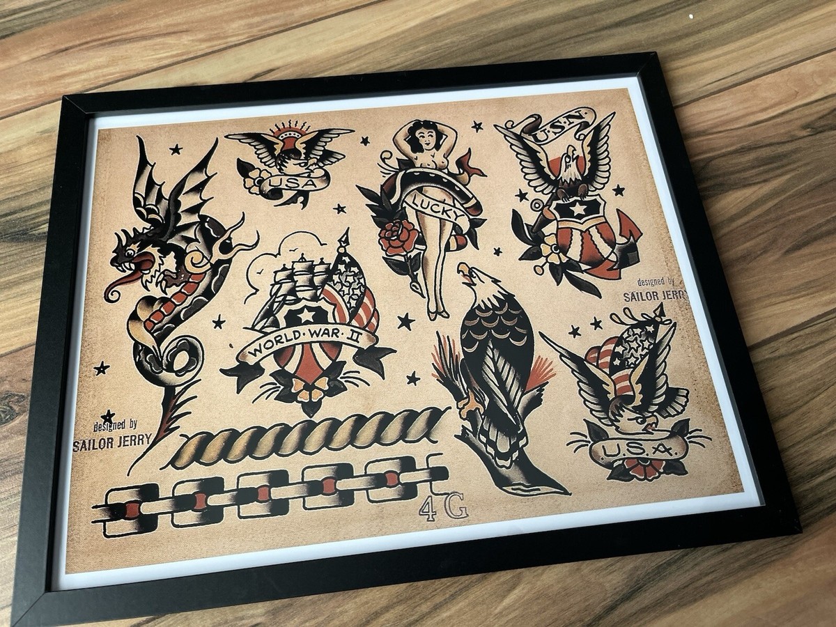 Sailor Jerry Vintage Tattoo flash Pin Up Art Print 11x14 FRAMED