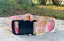 1 .5 inch Wide Pink Peonies Dog Collar Quick Release Adjustable Made in USA