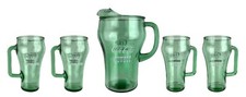Coca Cola Whataburger Cowboy Green Glass Pitcher 4 Handled Mugs Set Libbey