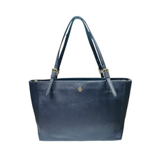 Tory Burch Large Robinson Leather Tote Bag Navy 14.5 x 11.25 x 4.5 Gold Logo