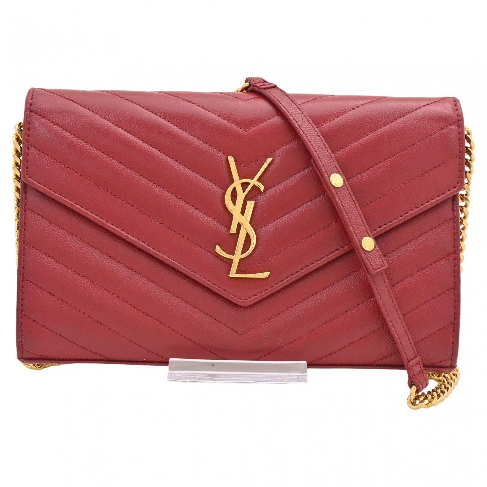 Auth SAINT LAURENT Cassandra Leather Chain Wallet Shoulder Bag Red Gold ys2391cc