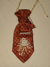 Red Fabric Bow Pendant Necklace w/ White Pearls & Crystals Gold Tone Cable
