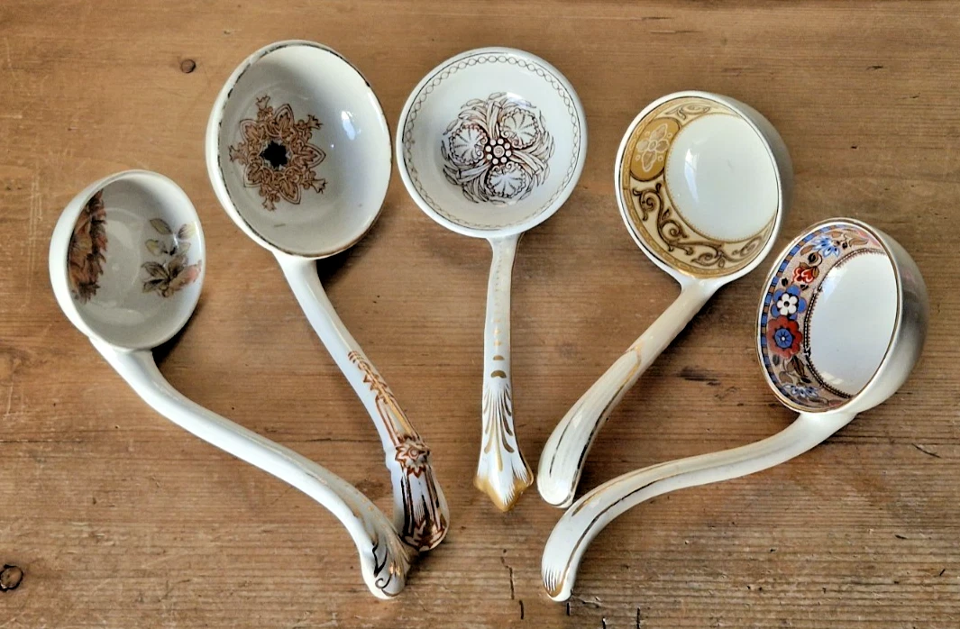 5 VINTAGE ANTIQUE PORCELAIN TUREEN SAUCE GRAVY CREAM LADLES
Opens in a new window or tab