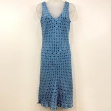 VTG Y2K Jones NY Silk Dress Women's 8 Blue Geometric Retro 70's Style V Neck