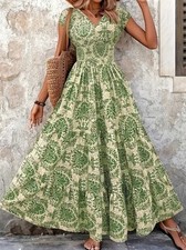 XXL US Size 14 Green Floral Maxi Dress Short Sleeve V-Neck New Free Ship