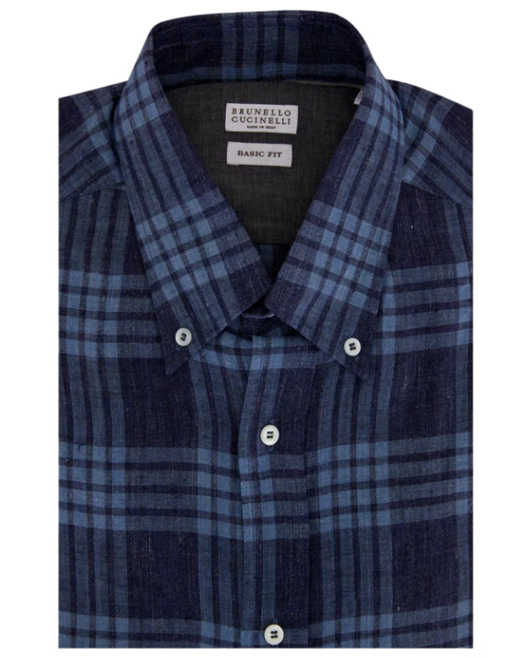 Brunello Cucinelli Mens Linen Blue Plaid Shirt - Image 3 of 4