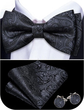 Paisley Striped Bow Tie for Men Silk Pre-Tied Bowtie Pocket Square Cufflinks Set