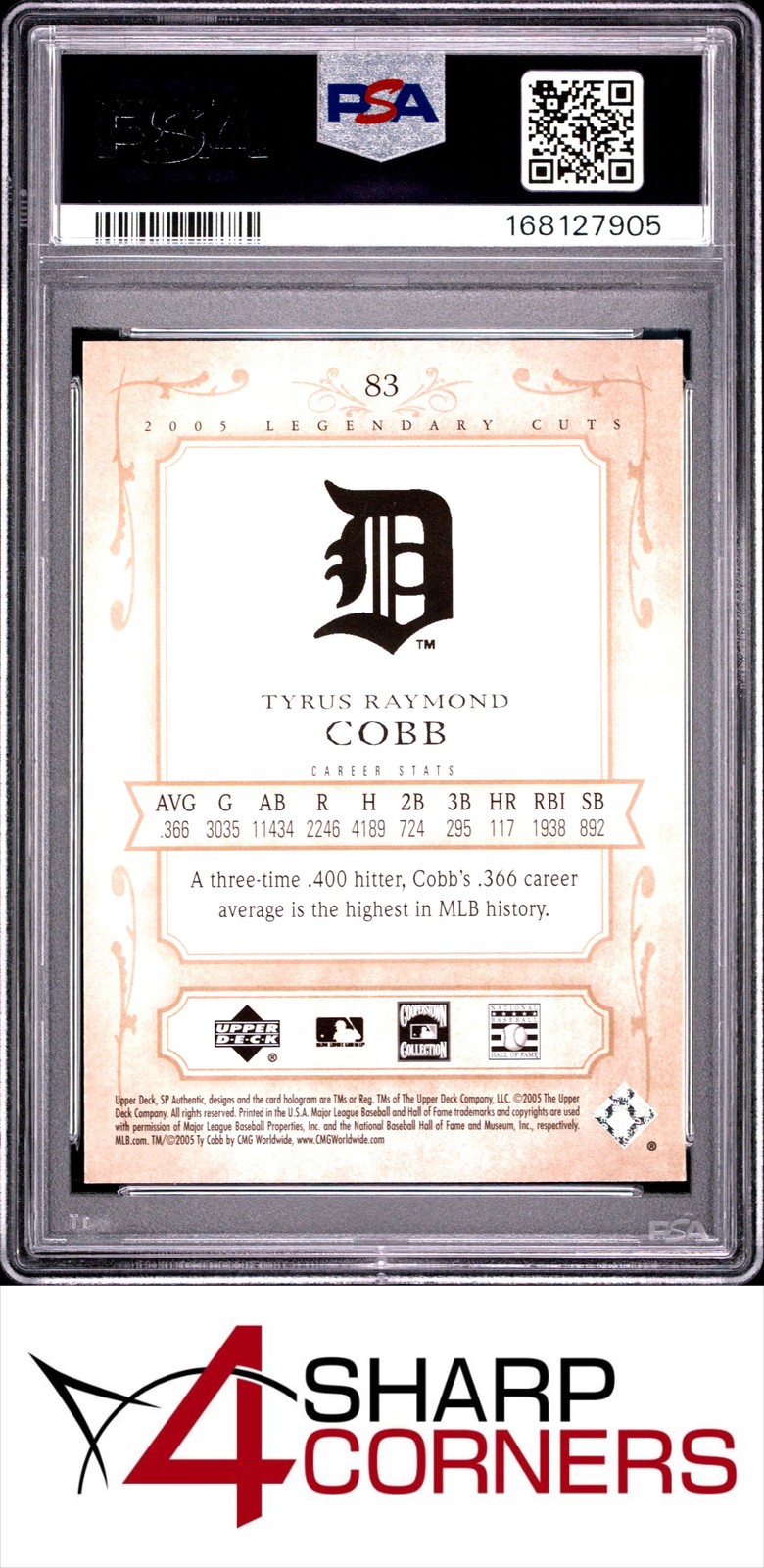 2005 SP LEGENDARY CUTS #83 TY COBB HOF POP 6 PSA 10 view 2
