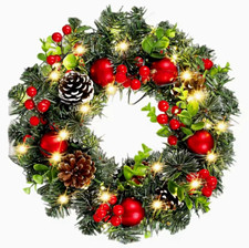 30cmArtificial Lighted Christmas Pine Wreath Red Berries Pinecones Door Decor