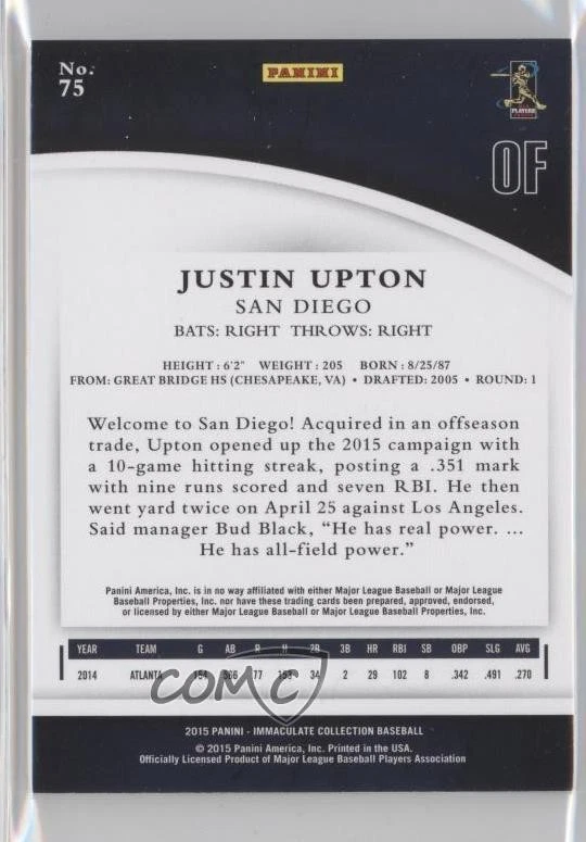 2015 Panini Immaculate Red /25 Justin Upton #75 - Image 2 of 2