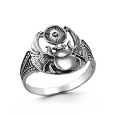 Sterling Silver Oxidized Scarab Beetle Ring Ancient Egyptian Sun God Ra Talisman