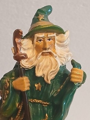 Vintage Wizard with Staff Wearing Green/Gold Gown Resin 4.5'' High VGC
