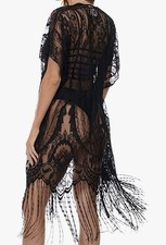 Lace Black Fringe DUSTER paisley Print Sheer- Coachella Festival BOHO Hippie