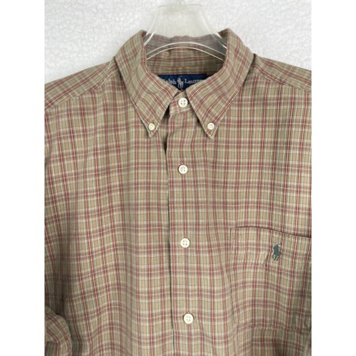 Ralph Lauren Mens McMeel Plaid Button Down Shirt Tan Red Green Large L Sleeve