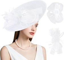 Womens Wide Brim Fascinator Derby Hat w/ Detachable Flower  Headband White