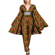 African Cape Sleeve Romper Deep V-Neck Bazin Riche Jumpsuit W250189