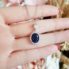 2.30Ct Oval Cut Blue Sapphire Halo Pendant 14K White Gold Finish 18 Inches Chain