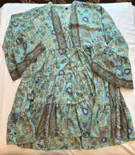 Boho floral womens dress, blue/green, tassles, slip on , one size
